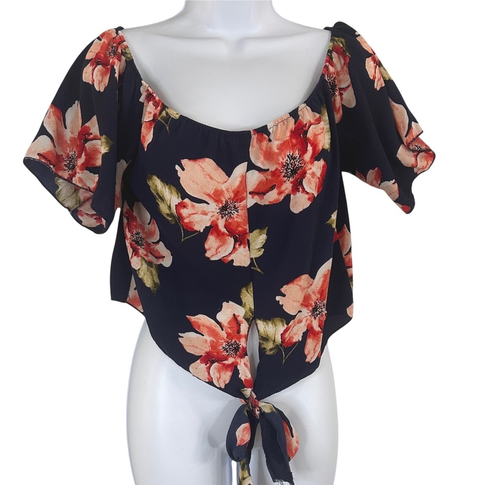 Papaya USA‎ Navy Blue Floral Tie Front Crop Top Off Shoulder Flutter Sleeve S/M